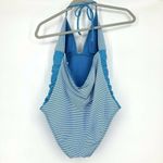VM Size L Swimsuit One Piece Blue Stripe Ruched Panels Triangle Halter Top Size L Photo 3