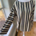 L.L. Bean Signature Navy Blue Tan Striped Flare Sleeve Boat Neck Top Size Small White Photo 4