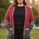 Nic+Zoe Colorblock Open Front Long Cardigan Sweater Red Brown Black 2X Photo 0