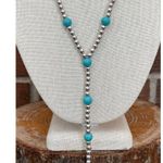 Silver Beaded Lariat Necklace with Turquoise Photo 1