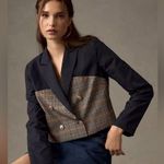 Jason Wu Navy Linen & Plaid Mixed Media Double Breasted Cropped Blazer L Photo 0