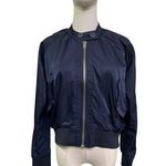 Free People  Satin Bomber Jacket Navy Blue Size XS Lightweight Zip Front Photo 0