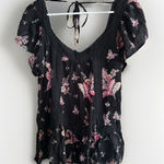 Angie  Small Top Flutter‎ Sleeve Smocked Black Floral Boho Fairycore Peasant Photo 0