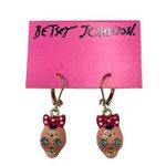 Betsey Johnson NWT Gold Tone Pink Sugar Skull with Pink Bow Dangle Earrings Photo 0