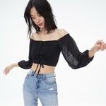 Aeropostale  Clip Dot‎ Lace Up Off The Shoulder Crop Top Black Medium Sheer Photo 0