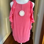 Umgee  Coral Pink Cold Shoulder Linen blend Blouse with Elegant Ruffle Details Photo 2