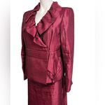 Kasper blazer & Skirt Suit set Red satin Ruffle trim long sleeve knee length Photo 3