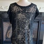 Black Solid Top Semisheer Open Weave Womens Medium Pullover Short Sleeve Photo 1
