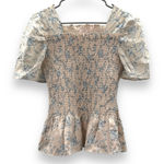 Rachel Parcell  Cream &‎ Blue Floral Print Short Puff Sleeve Smocked Peplum Top S Photo 0