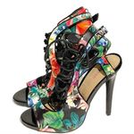 Just Fab Size 7 Black Floral Lace Up Open Toe Heels Shoes Photo 0