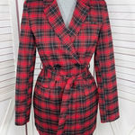 BeFree Tartan Plaid Double Breasted Tie Waist Trench Overcoat Red XS Photo 0