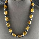 Vintage MCM Women Oval Amber Tortoise Shell Lucite & Black Beaded 24 in Necklace Photo 0