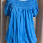 Daisy Fuentes Blue Babydoll Smocked Neck Off-Shoulder Top Large Photo 0