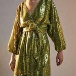 Anthropologie Chartreuse Lisabette Sequin Wrap Mini Dress, NWT Photo 0