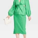 A New Day Top Women's Medium Green White Dotted Cut Out Sexy Blouse Photo 2