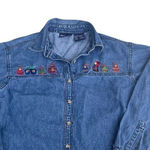 Solutions Denim Christmas Holiday Denim Button Up Shirt Embroidered Small Ugly Blue Photo 0