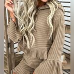 Heyson Beige Boho Chic Waffle Knit Ruffle Trim Pullover Sweater Hoodie Sz Large Tan Photo 2