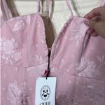 Cider  Pink Floral Jacquard Halter Neck Mini Dress Square Neck Cap Sleeve Photo 3