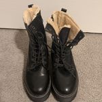 Steve Madden  Betty Black Leather Combat Boots with Cream Lining Photo 5