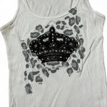 Y2K Yvette Mandell White Ribbed Tank Top Crown Rhinestone Leopard Print Size L Size L Photo 1