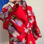 Topshop  Cherry Red Floral Hawaiian Tied Wrap Cropped Blouse Womens 4 Beach Photo 2