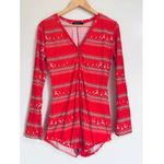 Yandy Red Reindeer Festive Print Romper Sleepwear Button Up Medium Holiday Pj’s Photo 2