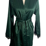 Frederick's of Hollywood Erina Satin Robe S Forest Green Lace Back Tie Belt NEW Photo 0