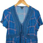 Torrid Blue Plaid Crinkle Front Lace Up Vneck Corset top Sz M/L 10 US Castlecore Photo 4