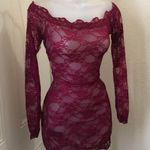 Burgundy red off shoulder sheer lace scallop hem mini dress long sleeves#whimsygoth #gothic Photo 0