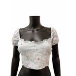 Wilfred Aritzia Linen Floral Puff Sleeve Crop Top Blue Pink XL Photo 1