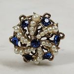Antique Rhinestone Seed Pearl Hat Pin 4" Metallic Blue Golden Flower Lapel Stick Gold Photo 8