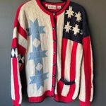 Hand Knit American Flag Pattern Cardigan Sweater Red Photo 0