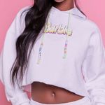 Barbie White Cropped Graphic Beaded Hoodie Size M Photo 0