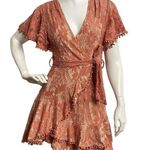 Selfie Leslie Women's Small Floral Rusty Brown Flower Lace Faux Wrap Mini Dress Photo 0