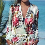 Topshop  Tropical Floral Satin V-Neck Long Sleeve Romper Green Pink Size 10 Large Photo 0