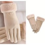 Women’s Beige Thermal Winter Gloves Faux Fur Cuff Touchscreen Compatible Photo 4