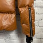 SAM. Isabel Vegan Down Puffer Jacket Faux Leather Stowaway Hood Saddle Brown S Photo 7