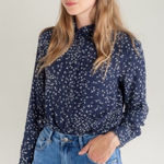 Ganni  Barra Crepe blouse in total eclipse‎ navy hidden buttons women’s size S Photo 0