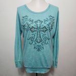 Daytrip  Turquiose Acid Wash Studded Cross Dolman Long Sleeve Top Size Small Photo 1
