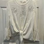 Hummingbird Boho Lace Bell Sleeve Button Back Tie Hem Top Large White Beachy Photo 0