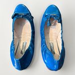 Prada  37 Ballet Flats Blue Leather Lined Foldable Slip On Travel Gold Name Logos Photo 4