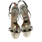 Prada 38 Patent Leather T-Strap Silver Studded crystals Accents Block Sandals Photo 14