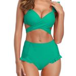 Shekini Women's Cross Wrap Ruffle Hight Waisted Green Bikini, L Size L Photo 0