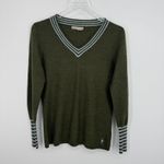 Smartwool  sweater women's M 100% merino wool pullover V neck stripe olive green Photo 7