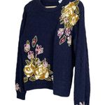 Vintage 80s 90s Navy Hand Knit Sweater w/ Floral Detail & Gold Stitching M/L Photo 6