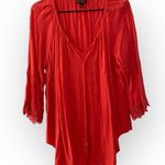 Cable & Gauge  Blood Orange Tie V Neck Blouse with Lace Trim Sleeves Large Photo 0