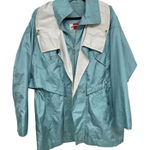 Vintage 1980s Teal Blue Shiny Windbreaker Rain Jacket Womens S Funky Artsy Photo 0