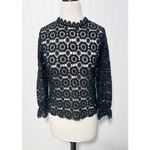None Boho Open Knit Crochet Floral Lace Top Long Sleeves High Neck Black Size Large Photo 4