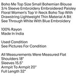 Boho Me Top Size Small Bohemian Blouse 3/4 Sleeve Embroidery Embroidered Paisley Photo 1