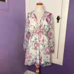 Lulus  NWT Floral Mini Dress Long Sleeve V Neck Smocked Waist‎ Party White Medium Photo 1